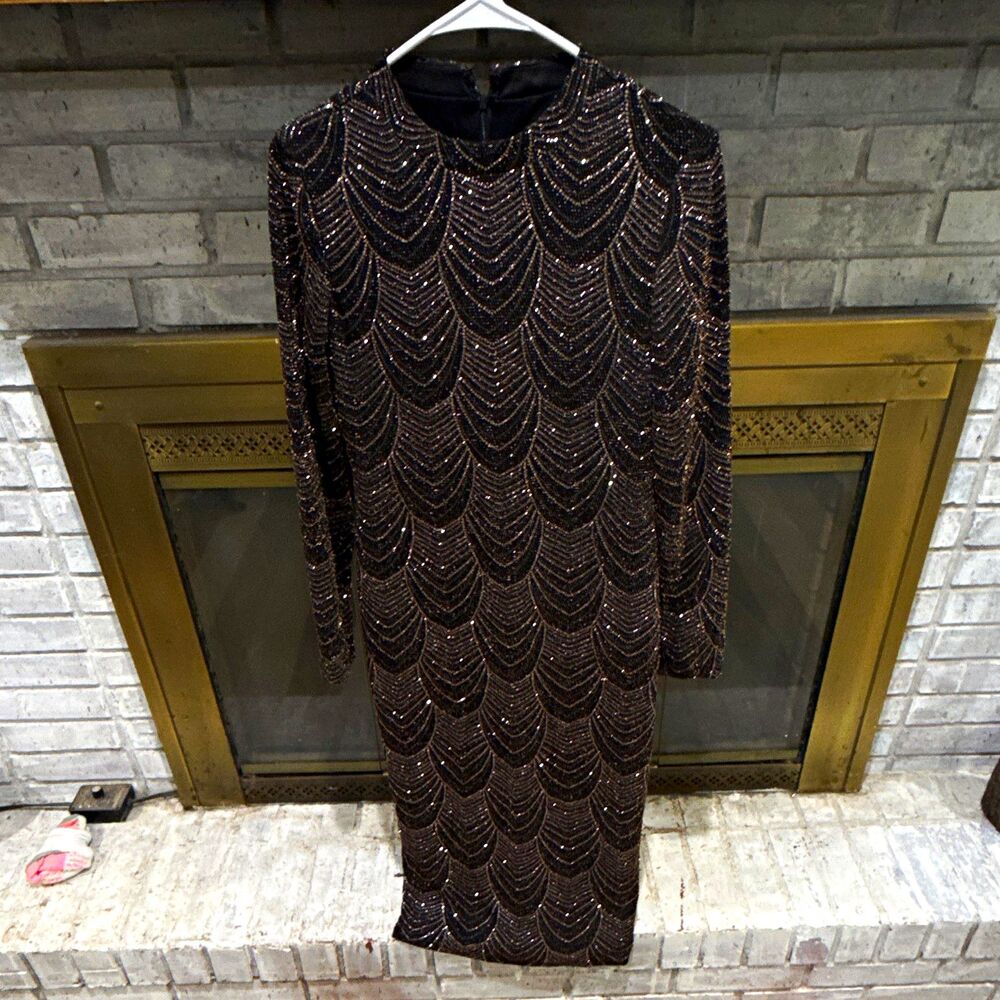 Nine West Women’s Size 4 Black Gold Metallic Knit Glitter Mock Neck Sheath Long